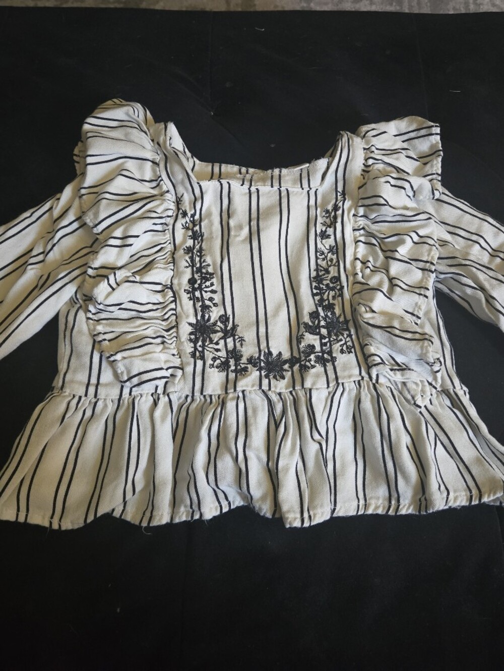 Jessica Simpson Cream and Black Striped Ruffle Peplum Top
